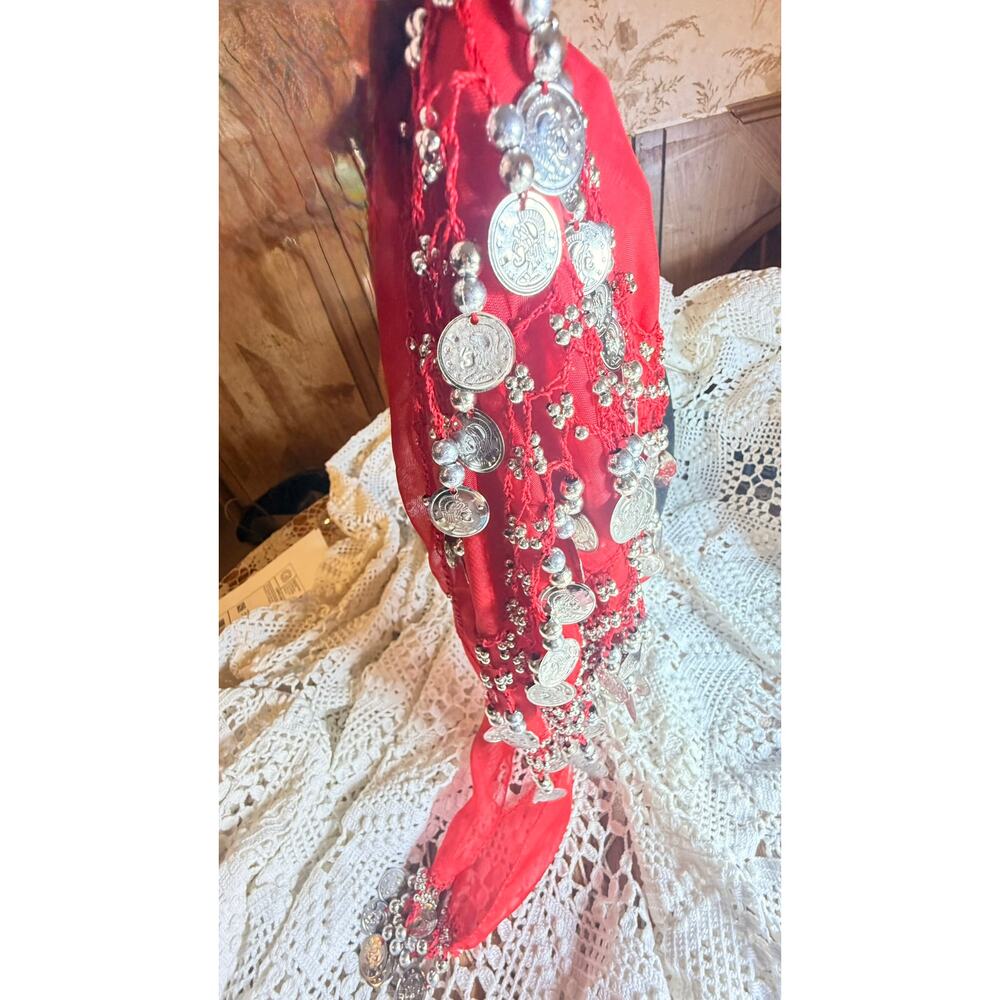 Red Belly Dance Hip Scarf Coin Wrap Sheer Chiffon Silver Tone Coins Used - Picture 15 of 16